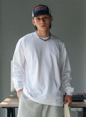 PrintsCrew 300克莱赛尔圆领长袖T恤男青少年长绒棉白色重磅上衣