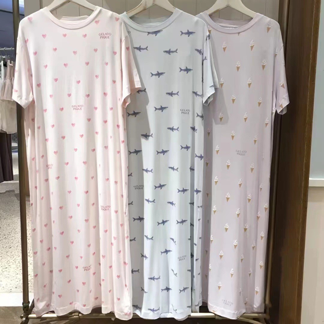夏季新款睡裙女爱心圆领短袖连衣裙甜筒印花t恤裙外穿家居服