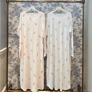 软绵绵新冰淇淋印花柔软圆领甜筒印花睡衣女长袖连衣裙睡裙