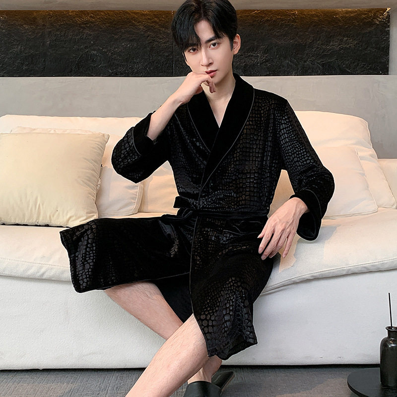 新款鳄鱼纹睡袍睡衣男金丝绒秋冬季丝绒中长款浴袍春秋韩国绒晨袍