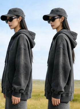 美式26春季新款H.D.J嘿店家正品纯棉高克水洗大毛圈连帽卫衣女