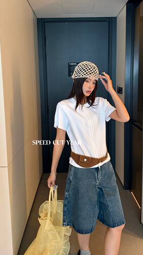 26230 狠显瘦~双拉链收腰棉质正肩双拉链开衫短袖T恤女26新款女装
