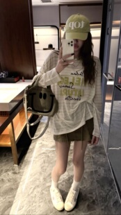 2378款韩系条纹T恤女长袖 百搭字母印花莱赛尔圆领松弛防晒罩衫