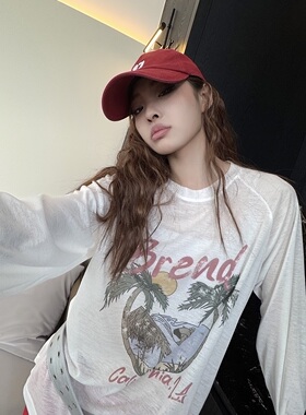 椰子树 前颜2434款 夏季新款韩系少女印花长袖T恤女微透防晒罩衫