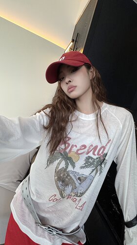 椰子树 前颜2434款 夏季新款韩系少女印花长袖T恤女微透防晒罩衫