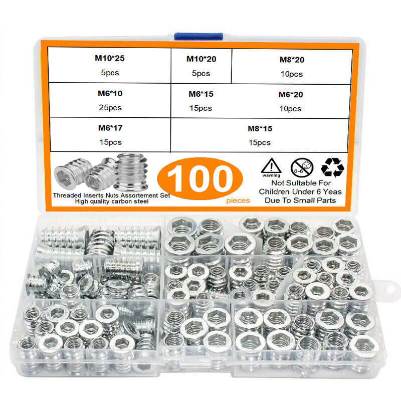 100pcs铁镀白锌沉头内外牙带介预埋梯形螺母 家具螺母M6M8M10套装