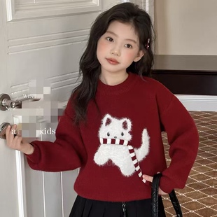 女童毛衣2025秋冬季新款红色圆领针织衫女孩洋气毛衣衫120-180码
