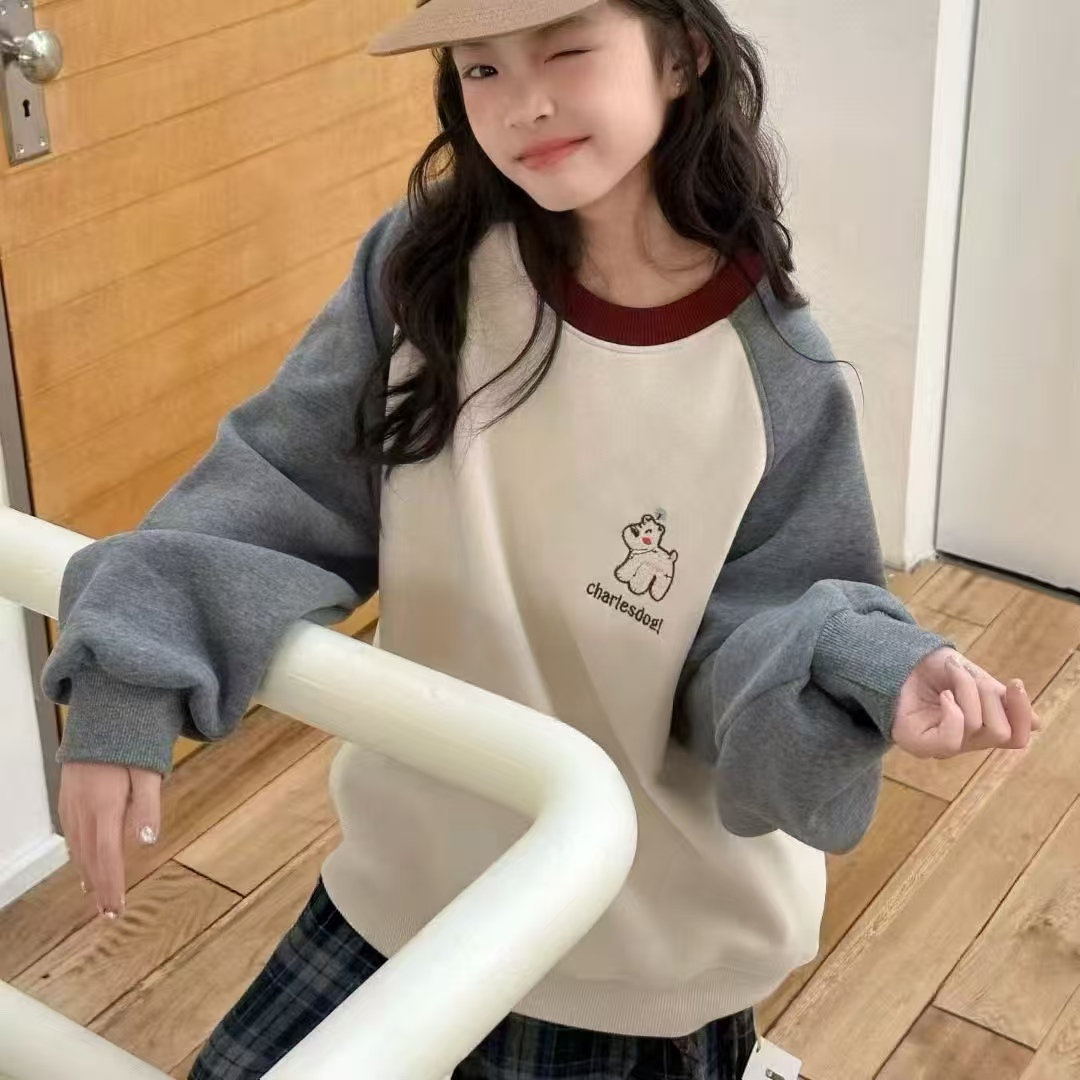 品牌女童加绒卫衣2025秋冬季新款女孩洋气拼接加厚打底衫120-170