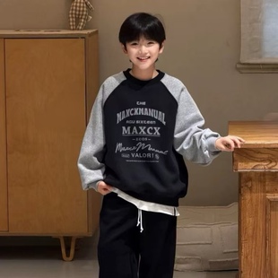 男童加绒卫衣2025秋冬新款拼接男孩圆领休闲上衣中大童120-180