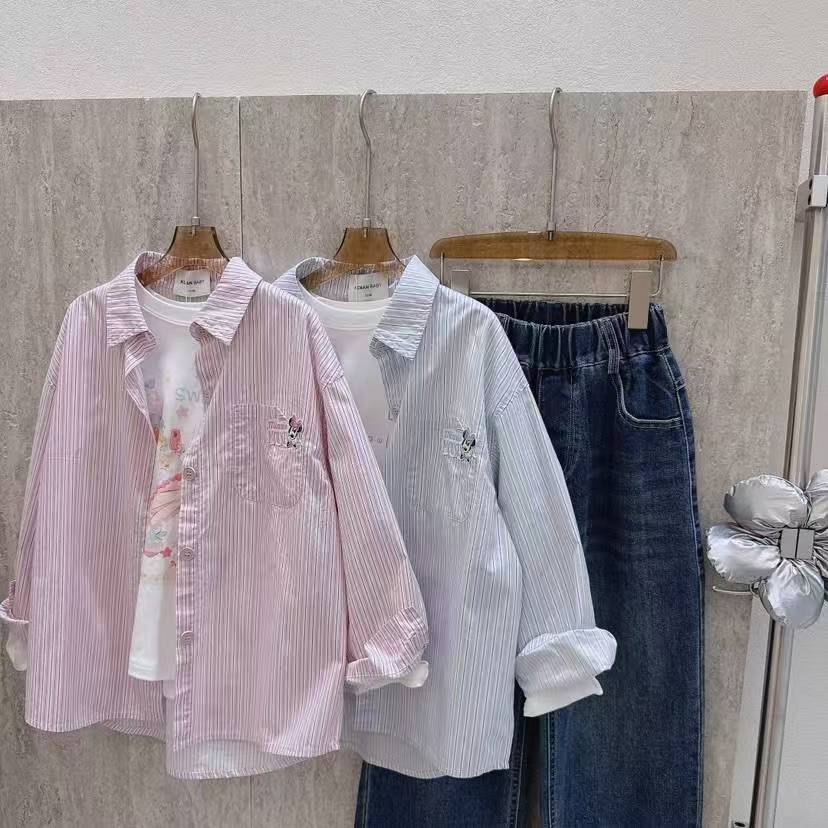 品牌女童衬衫2026秋季新款女孩纯棉条纹衫韩版洋气上衣外套中大童