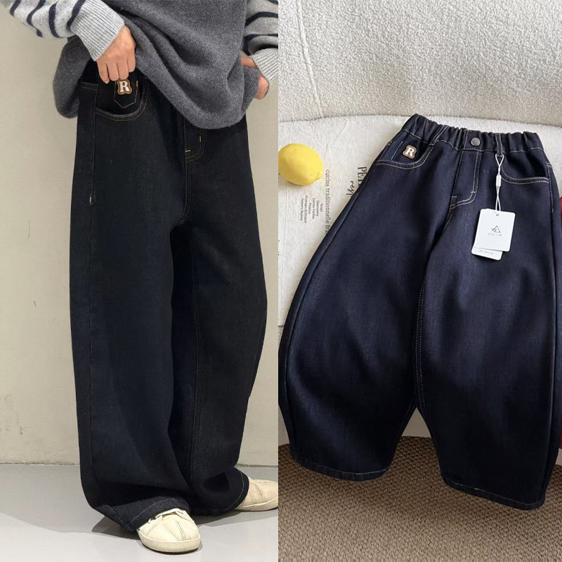 品牌女童加绒牛仔裤2025冬季新款女孩洋气直筒j加厚休闲裤120-180