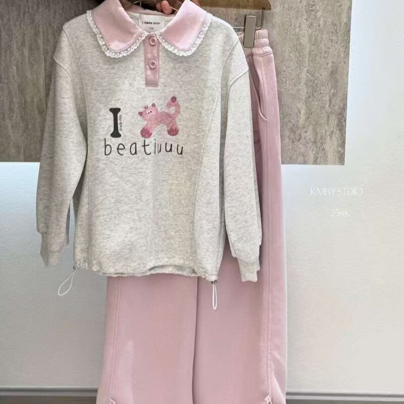 品牌女童卫衣2026春季新款女孩洋气翻领蕾丝打底衫中大童120-160