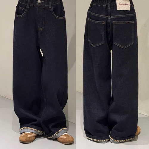 品牌女童加绒牛仔裤2025秋冬季新款女孩洋气翻边直筒裤加厚休闲裤