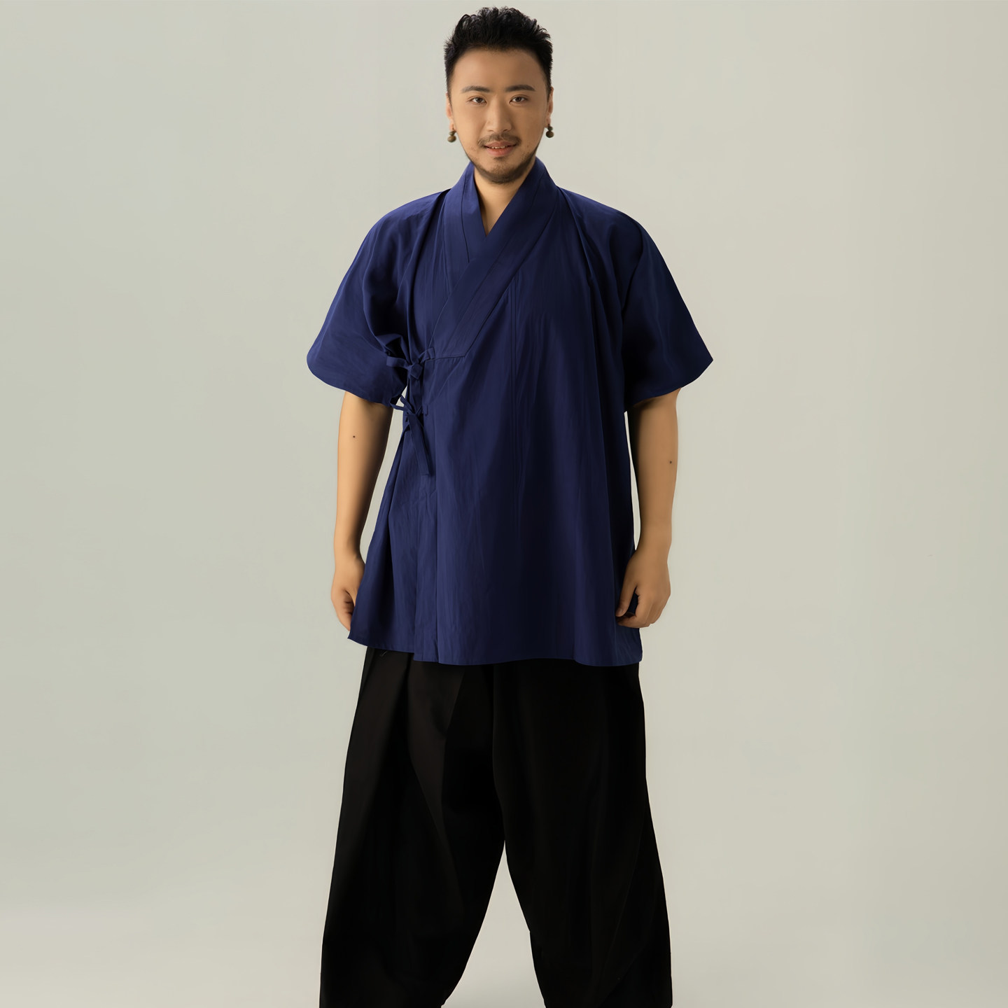 交领裋褐国风汉服夏薄款短袖上衣全棉半臂百姓日常上班穿男横卧领