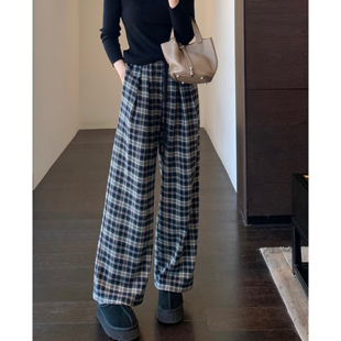 加绒加厚高腰宽松直筒阔腿裤 AMR 时髦格子裤 慵懒范 女秋冬新