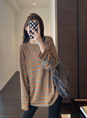 AMR UU◆藏肉不挑人 oversize慵懒宽松条纹打底衫女2023秋冬新款