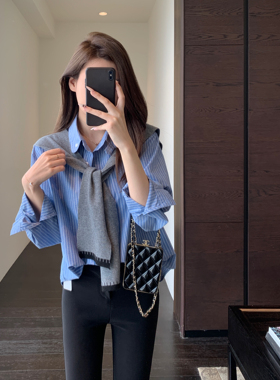 AMR UU◆氛围感 一衣两穿时髦披肩两件套衬衫条纹上衣女春夏新款