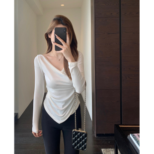 T恤女打底衫 时髦荡领 显瘦长袖 上衣新春夏 侧腰褶皱修身 AMR