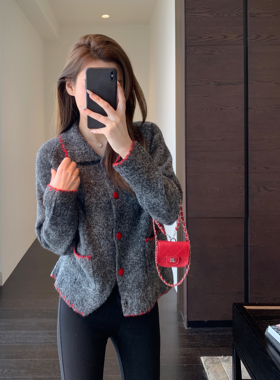 AMR UU◆柜上3000+时髦红色撞色显瘦针织开衫毛衣马甲女外套新款