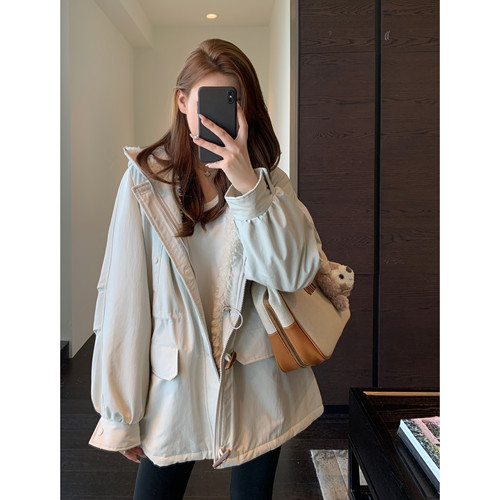 AMR UU◆酷飒时髦 保暖慵懒加绒派克服厚连帽外套女2025新款秋冬