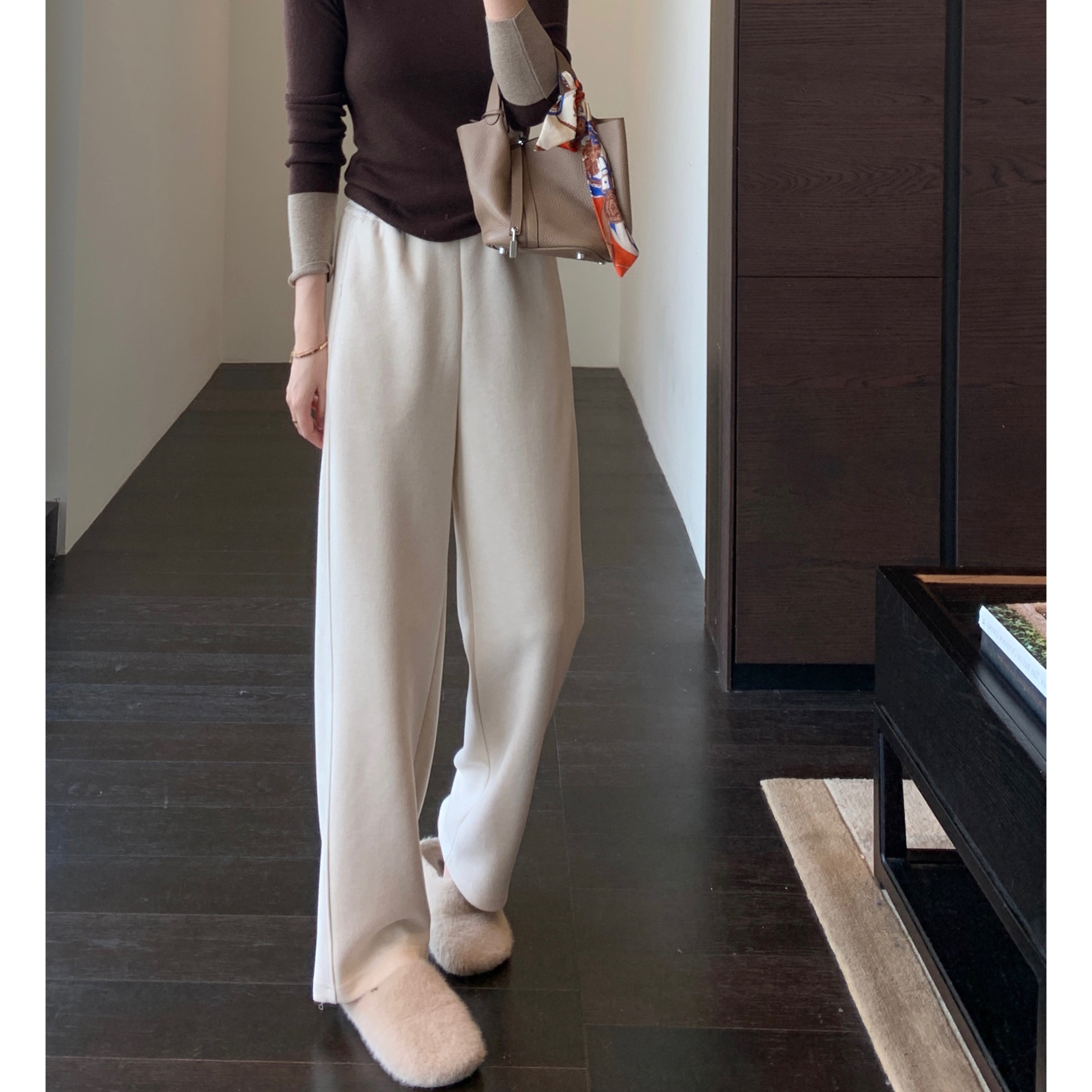 AMR UU◆重磅醋酸羊毛保暖高腰显瘦毛呢窄版直筒裤阔腿裤女秋冬新