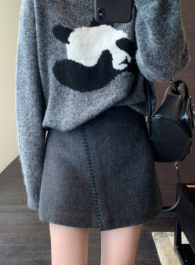 AMR UU◆高端小众 轻奢羊毛裙高腰A字灰色半身裙短裙女2025秋冬新