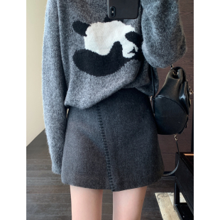 轻奢羊毛裙高腰A字灰色半身裙短裙女2025秋冬新 高端小众 AMR