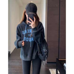 慵懒范加绒加厚灰色连帽字母卫衣女2025新冬季 AMR 休闲 美式
