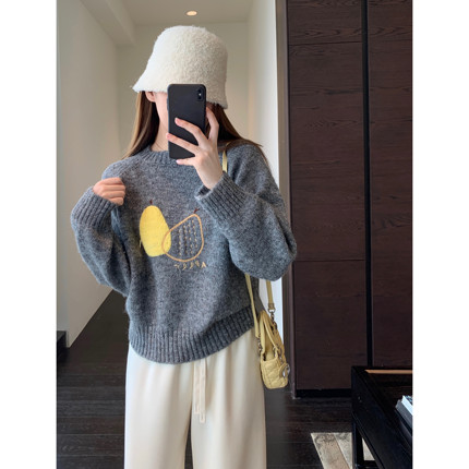 AMR UU◆慵懒时髦 重工提花藏肉显瘦灰色针织毛衣上衣女秋冬新款