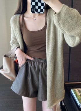 AMR UU◆搭配神器 大长腿高腰宽松阔腿短裤pu皮裤女2024秋冬新款