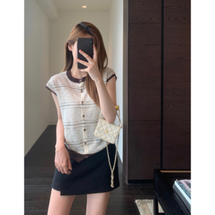 AMR UU◆时髦撞色 夏季凉感无袖背心显瘦镂空马甲背心上衣女新款