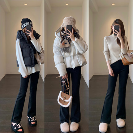 AMR UU◆超模大长腿～加绒加厚高腰显瘦小黑裤微喇阔腿裤女秋冬新