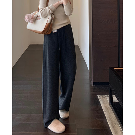 AMR UU◆重磅羊驼绒醋酸保暖舒适高腰显瘦宽松加绒阔腿裤女秋冬新
