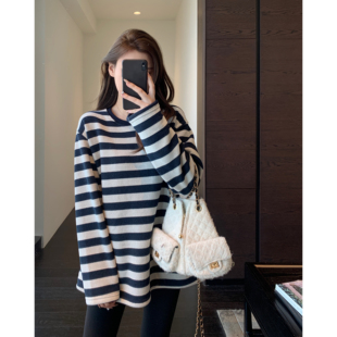 加绒加厚保暖宽松中长款 慵懒时髦 条纹卫衣女上衣秋冬新 AMR