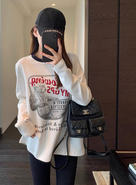 AMR UU◆美式休闲 慵懒范宽松显瘦印花加绒打底衫女撞色T恤秋冬新