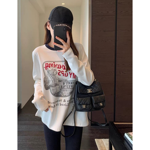 慵懒范宽松显瘦印花加绒打底衫 AMR 休闲 美式 女撞色T恤秋冬新