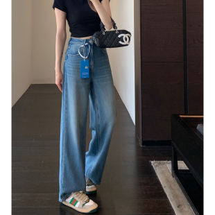 女春夏2026新款 AMR 阔腿直筒宽松牛仔裤 重磅醋酸高腰显瘦窄版