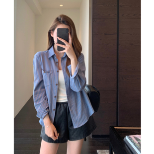 AMR UU◆时髦蓝调 显白早春蓝色条纹衬衫女款上衣外套夏2026新款