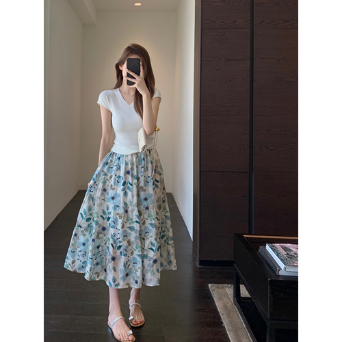AMR UU◆法式浪漫 高品质含天丝亚麻高腰显瘦印花半身裙女春夏新