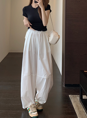 AMR UU◆甜酷时髦 慵懒风白色宽松阔腿裤高腰休闲裤女2026新春夏