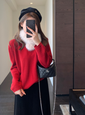 AMR UU◆氛围感 设计感小众配围巾红色打底针织毛衣女上衣新秋冬
