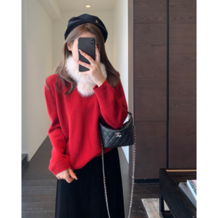 设计感小众配围巾红色打底针织毛衣女上衣新秋冬 氛围感 AMR