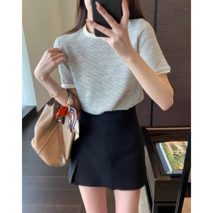 女T恤春夏新款 意大利jin口色织暗闪金丝宽松圆领香风短袖 AMR