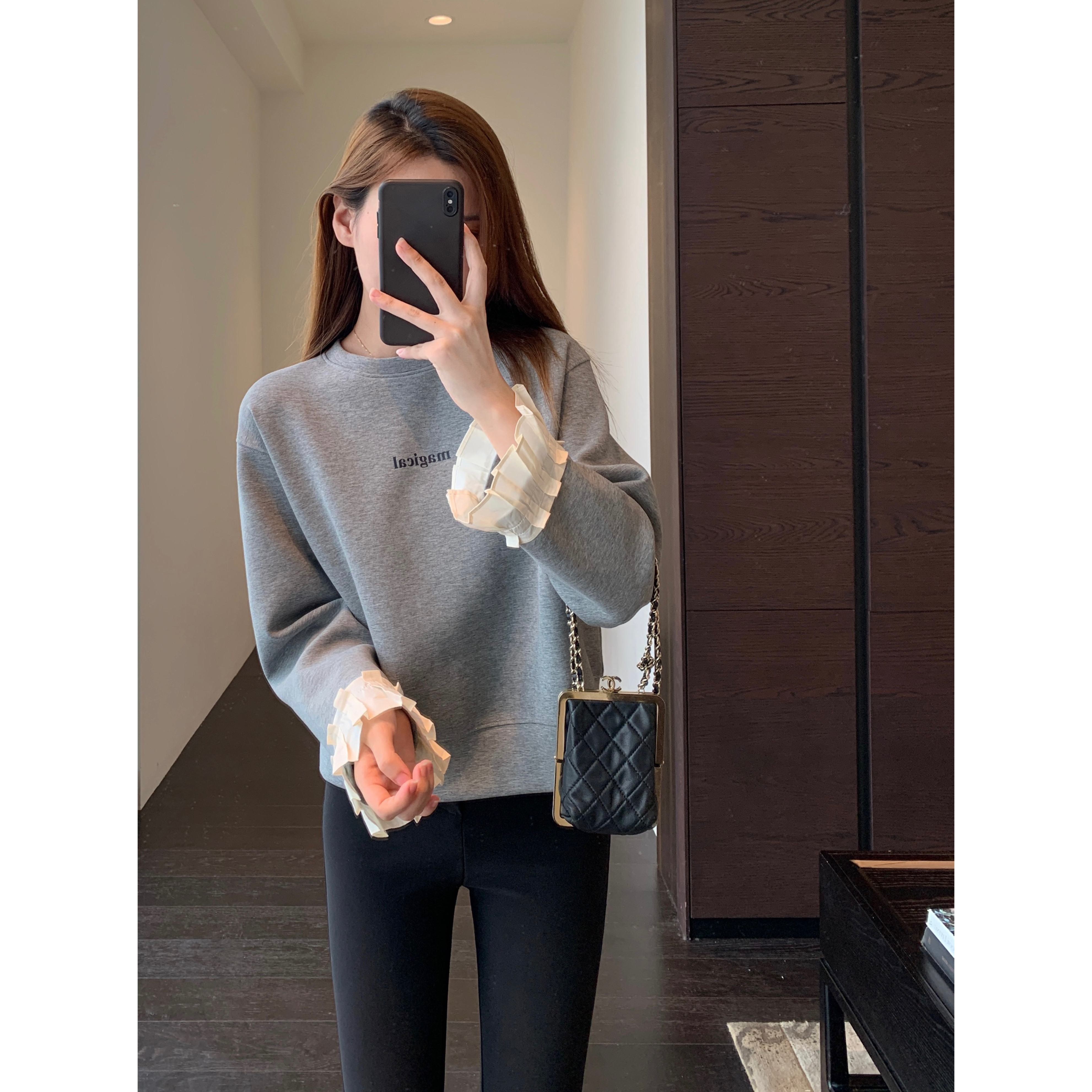 AMR UU◆法式休闲 设计感小众袖口拼接显瘦字母套头卫衣女秋冬新