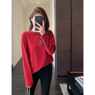 T恤女新款 慵懒时髦 内搭叠穿磨毛长袖 本命年红色打底衫 AMR