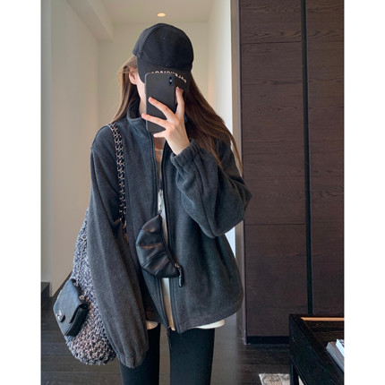 AMR UU◆美式休闲 加绒保暖慵懒风宽松显瘦立领外套女上衣秋冬新