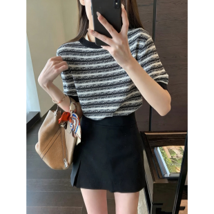 垂顺轻薄短袖 AMR 立体提花条纹香风小衫 精致时髦 T恤女春夏新