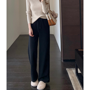 女秋冬新 重磅羽绒纱桑蚕丝混纺加绒厚高腰显瘦直筒阔腿裤 AMR