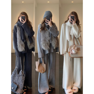 AMR UU◆韩系休闲 慵懒时髦针织围巾毛衣直筒裤三件套装女冬新款