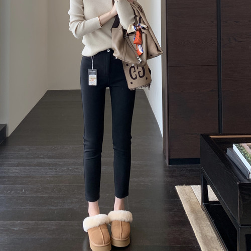 AMR UU◆含羊毛蚕丝舒适保暖高腰显瘦加绒小脚裤女小黑裤秋冬新款